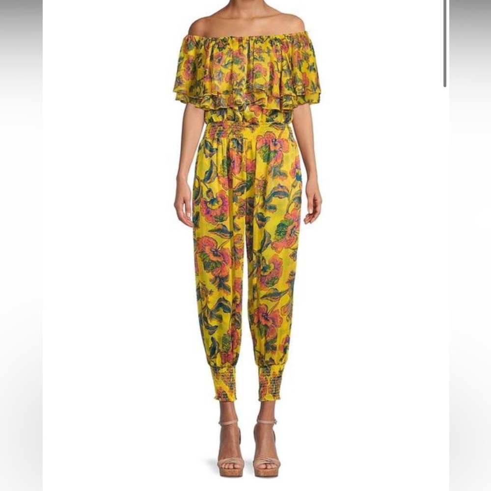 MISA Los Angeles Large off the shoulder floral jogger jumpsuit